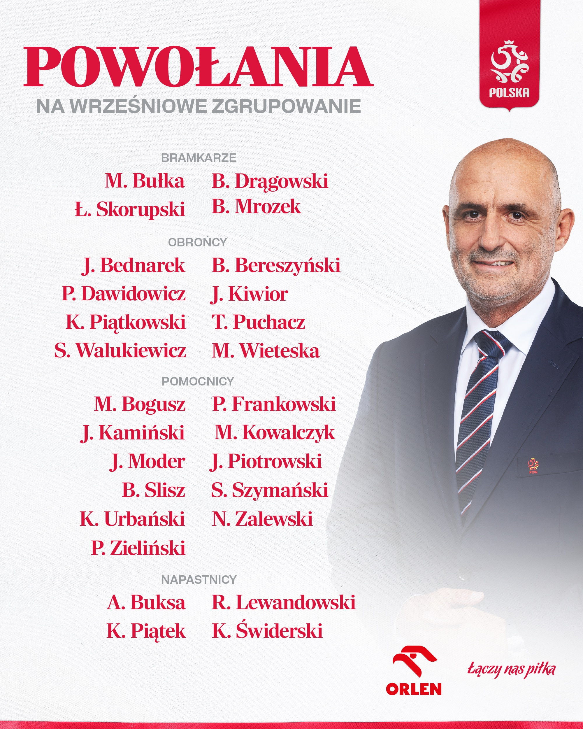 Grafika przedstawiająca listę powołanych zawodników przez Michała Probierza. Udostępniona przez oficjalne profile Łączy nas piłka