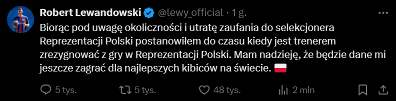 Robert Lewandowski zrezygnował z gry w reprezentacji Polski.